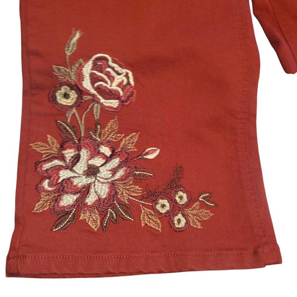 DG2 Diane Gilman Red Embroidered Floral PXL (37x27) Boho Boot Pull On Jeans - Picture 5 of 11
